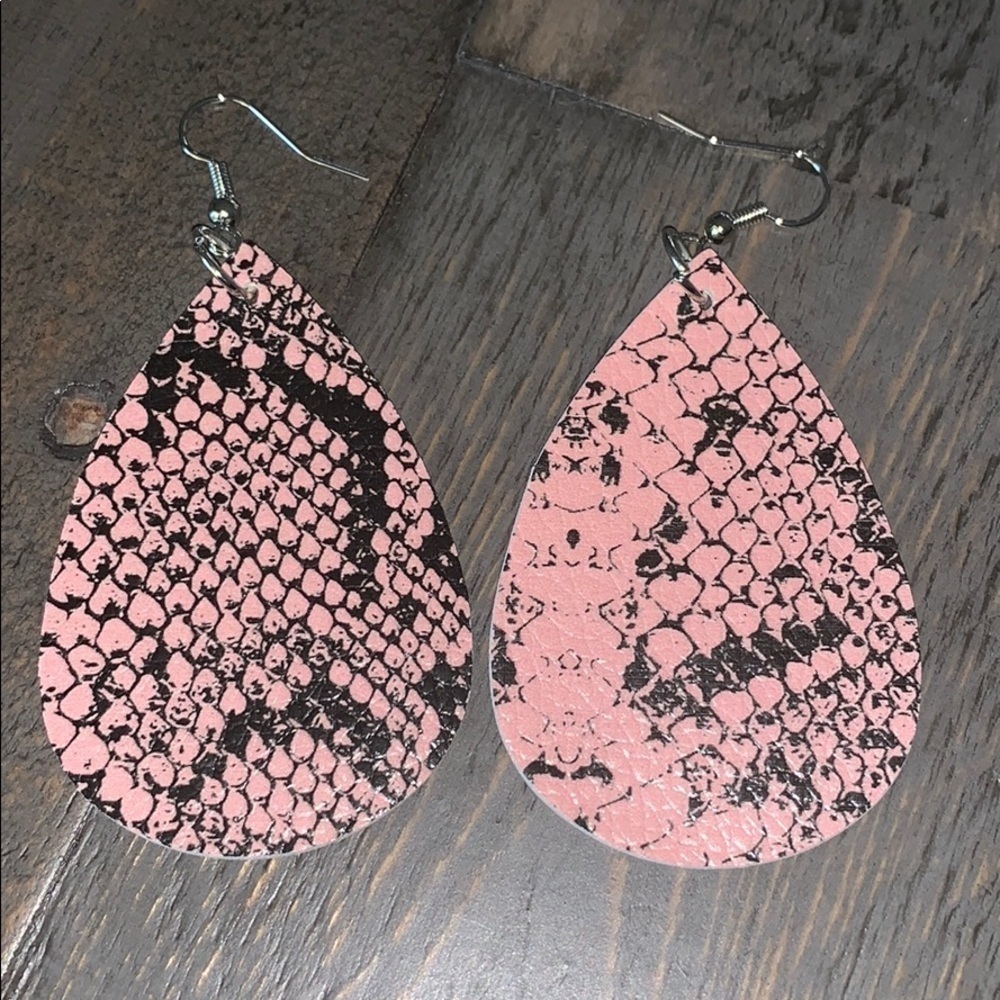 Final Sale Pink Snakeskin Faux Leather Teardrop Earrings Boho Dangle 3 Inch